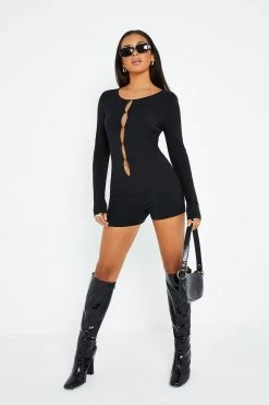 SOLADO Cut Out Stripe Knitted Long Sleeve Romper Playsuit