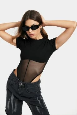 Solado Mesh Splicing Short Sleeve Solid Bodysuit