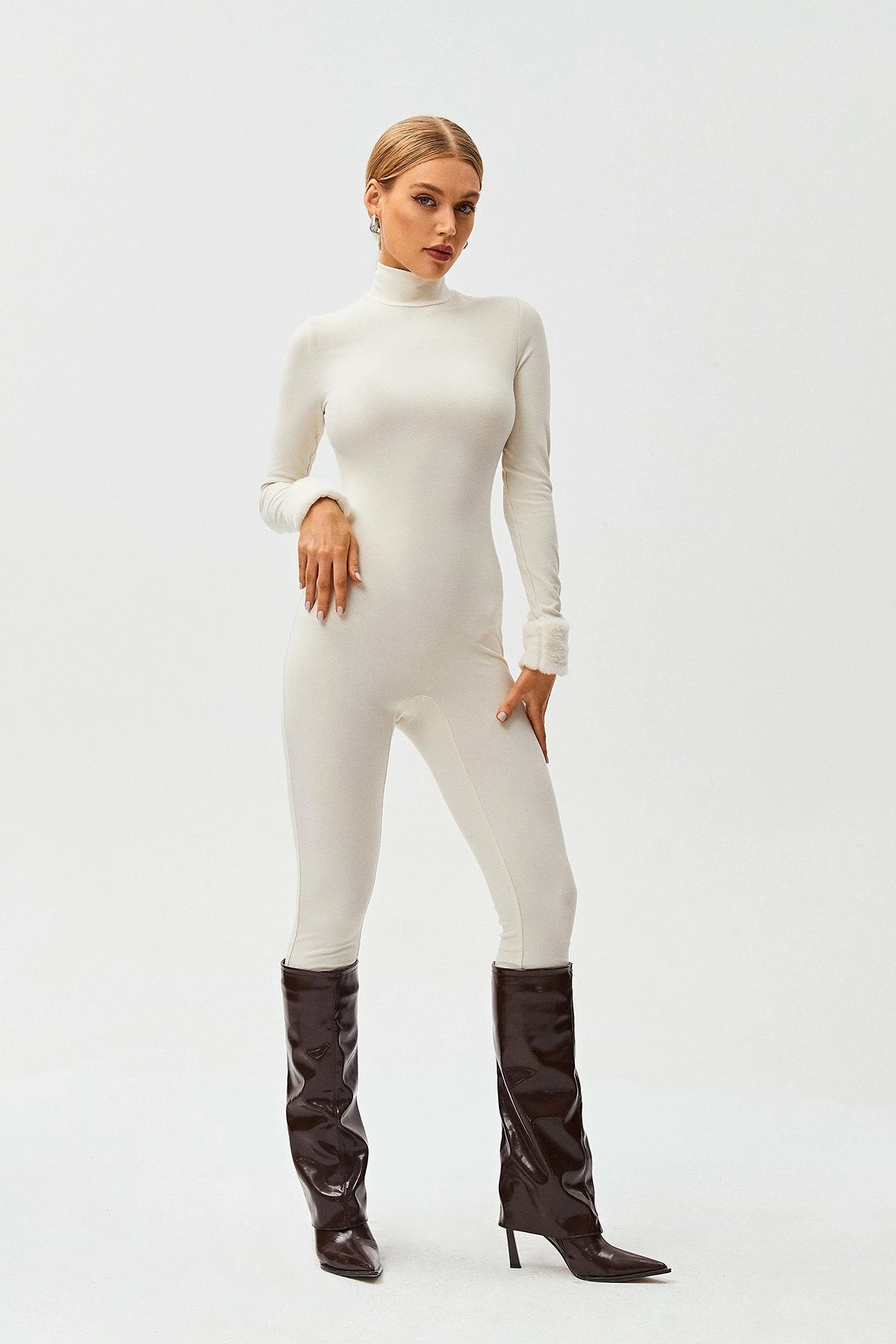 SOLADO High Neck Fluffy Trim Long Sleeve Skinny Jumpsuit - Image 2