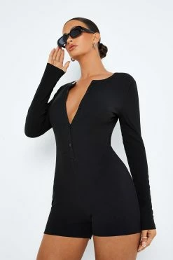 Alternative view of SOLADO Ribbed Button Front Long Sleeve Solid Romper Playsuit