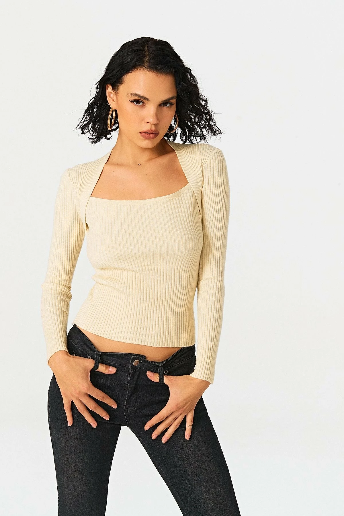Solado Square Neck Stripe Knitted Long Sleeve Sweater