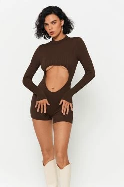 SOLADO Cut Out Solid Ribbed Long Sleeve Romper Playsuit