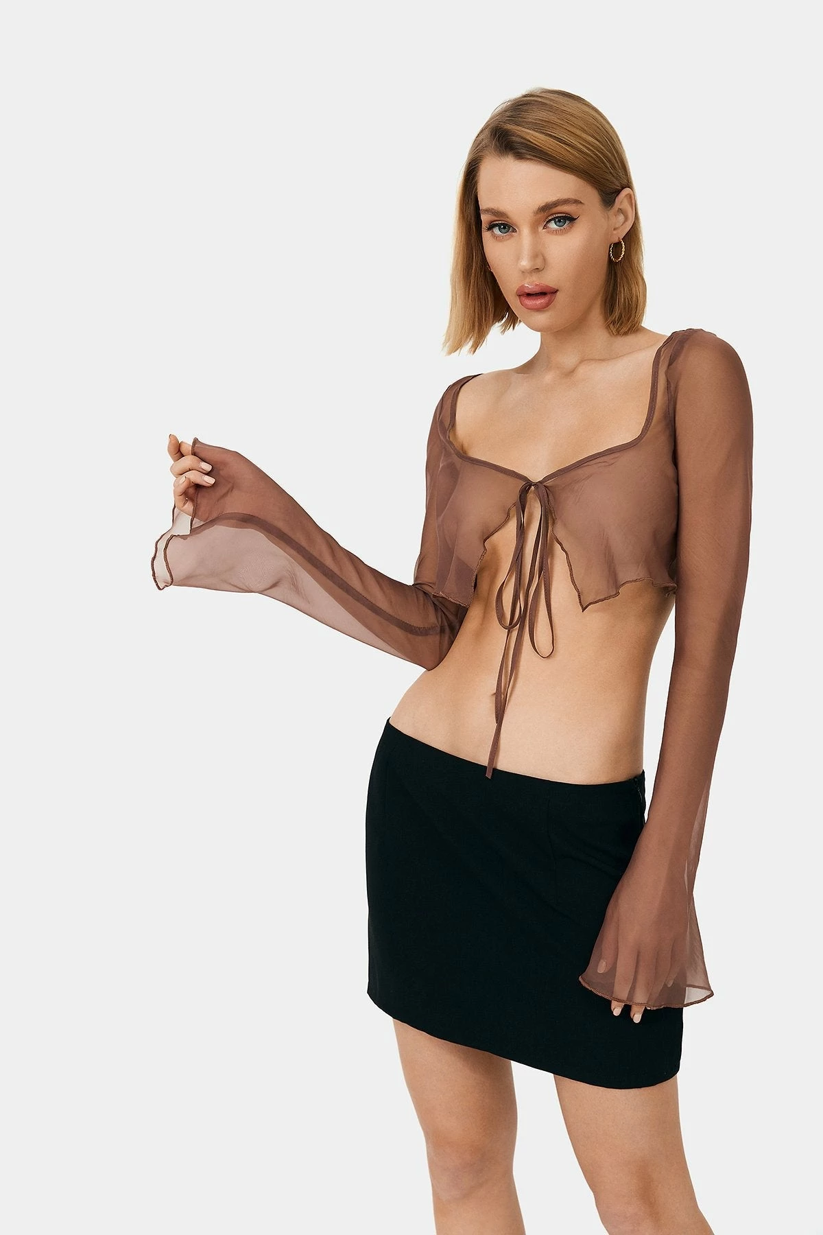 SOLADO Mesh Tie Front Flare Long Sleeve Top 3 SOLADO Mesh Tie Front Flare Long Sleeve Top - Image 3