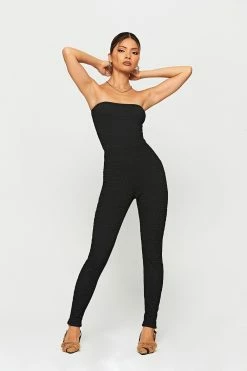 SOLADO Off Shoulder Textured Bodycon Skinny Jumpsuit