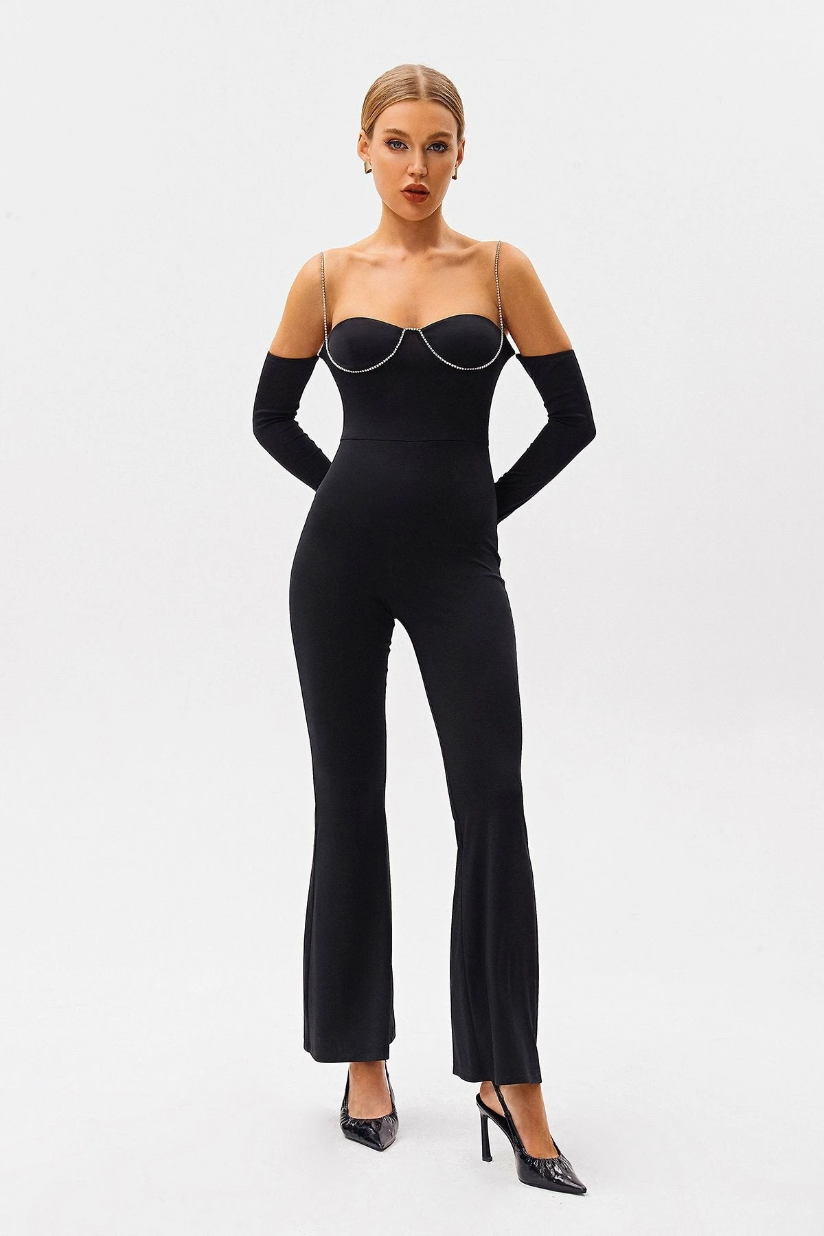 SOLADO Cold Shoulder Rhinestone Decor Flared Jumpsuit 2 SOLADO Cold Shoulder Rhinestone Decor Flared Jumpsuit - Image 2