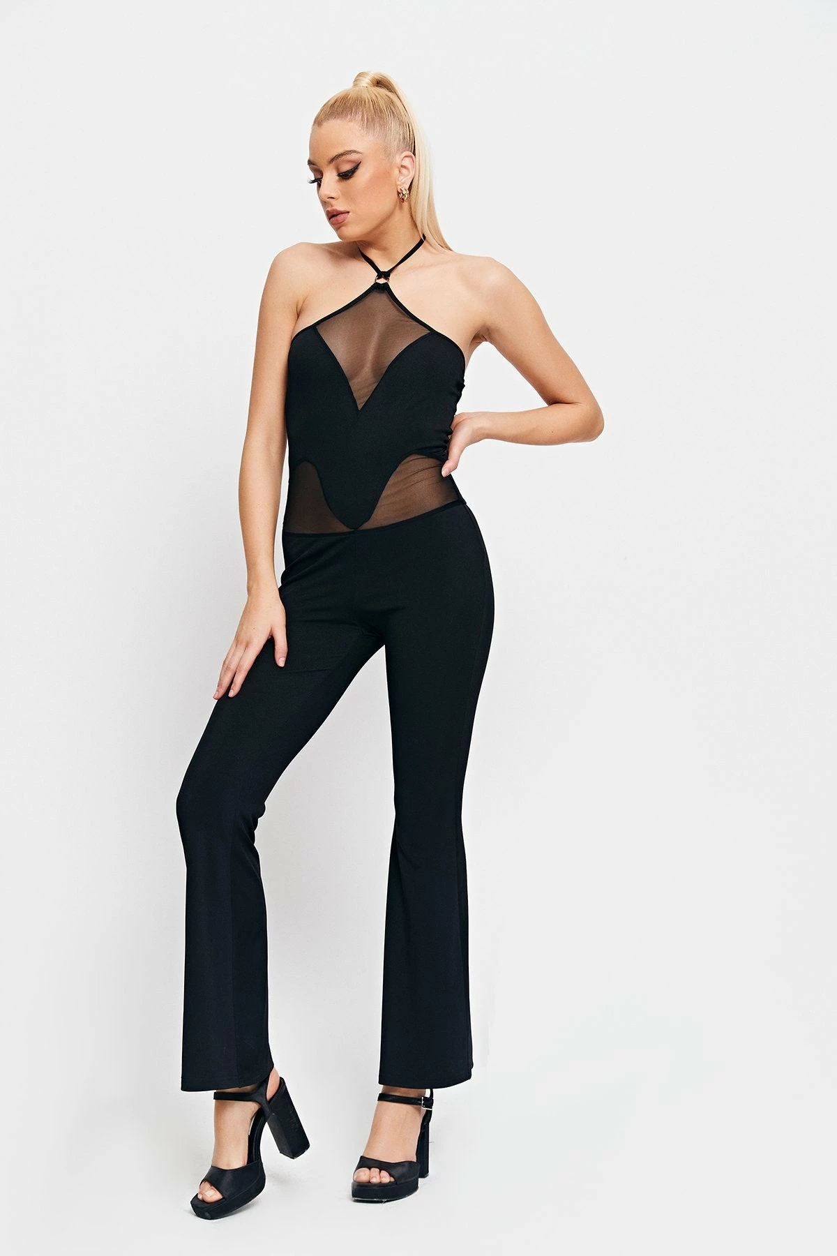 SOLADO Halter Neck Mesh Splicing Flared Jumpsuit 2 SOLADO Halter Neck Mesh Splicing Flared Jumpsuit - Image 2