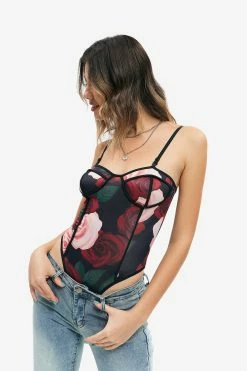 Solado Floral Print Plunging Neck Backless Bodysuit