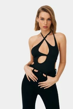 SOLADO Cut Out Asymmetrical Neck Tie Backless Bodysuit