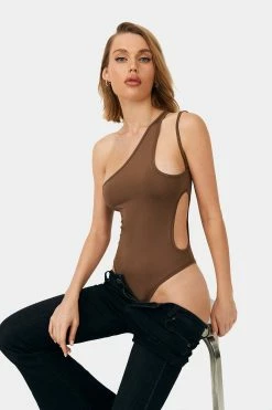SOLADO One Shoulder Cut Out Backless Solid Bodysuit