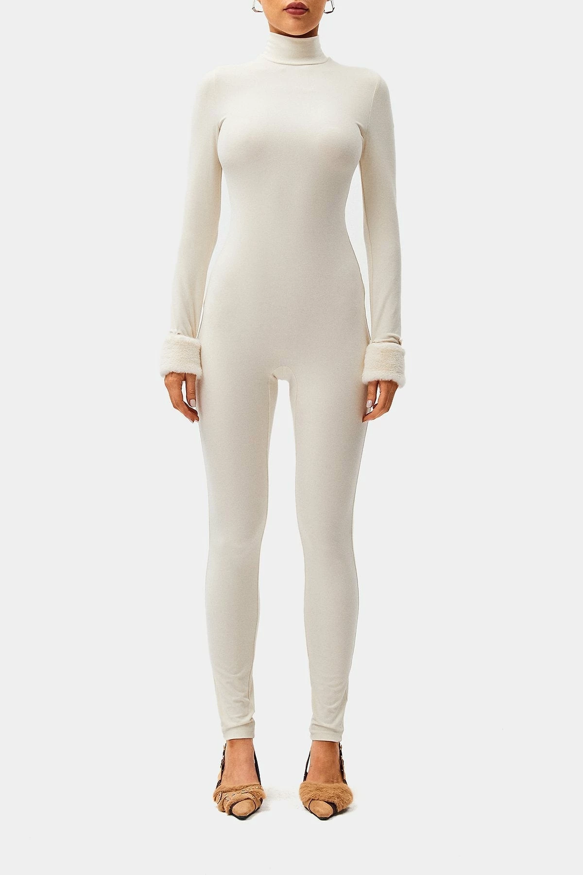 SOLADO High Neck Fluffy Trim Long Sleeve Skinny Jumpsuit - Image 6