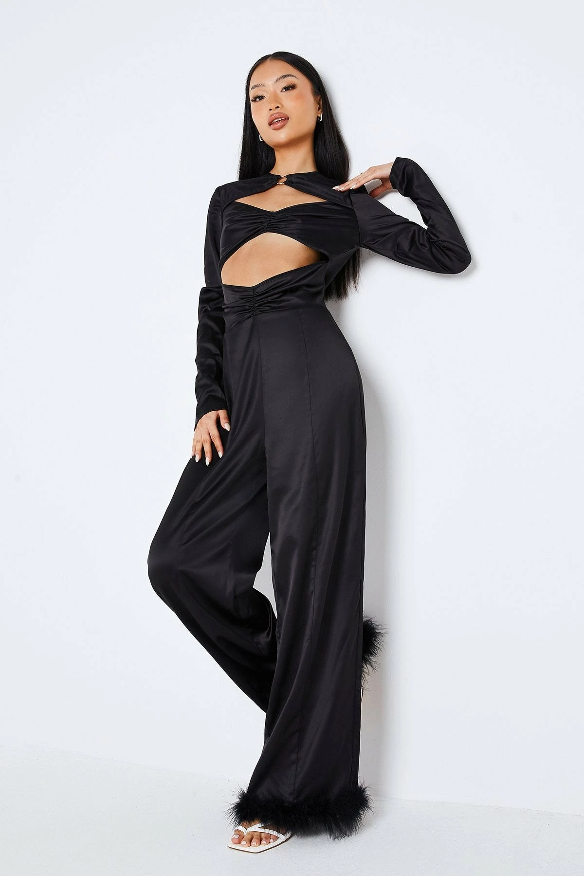 SOLADO Satin Cut Out Feather Hem Long Sleeve Jumpsuit 4 SOLADO Satin Cut Out Feather Hem Long Sleeve Jumpsuit - Image 4