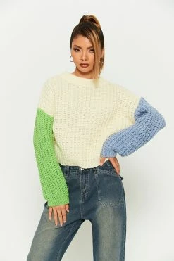 Solado Drop Shoulder Colorblock Lantern Sleeve Sweater