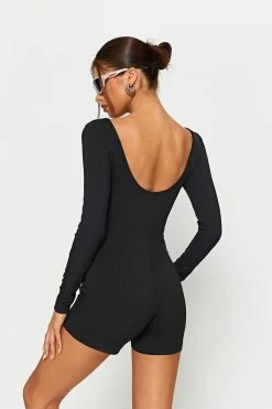 SOLADO U Neck Open Back Long Sleeve Romper Playsuit