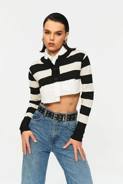 Solado Button Front Stripe Long Sleeve Sweater Without Shirt