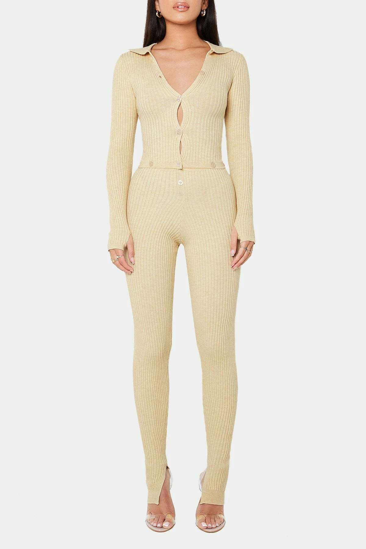 Solado Button Front Thumb Hole Split Hem Knitted Jumpsuit - Image 6