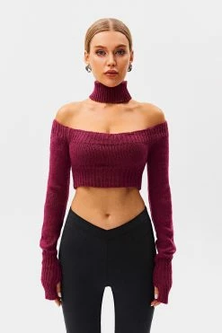 Solado Halter Neck Cold Shoulder Ribbed Knit Sweater