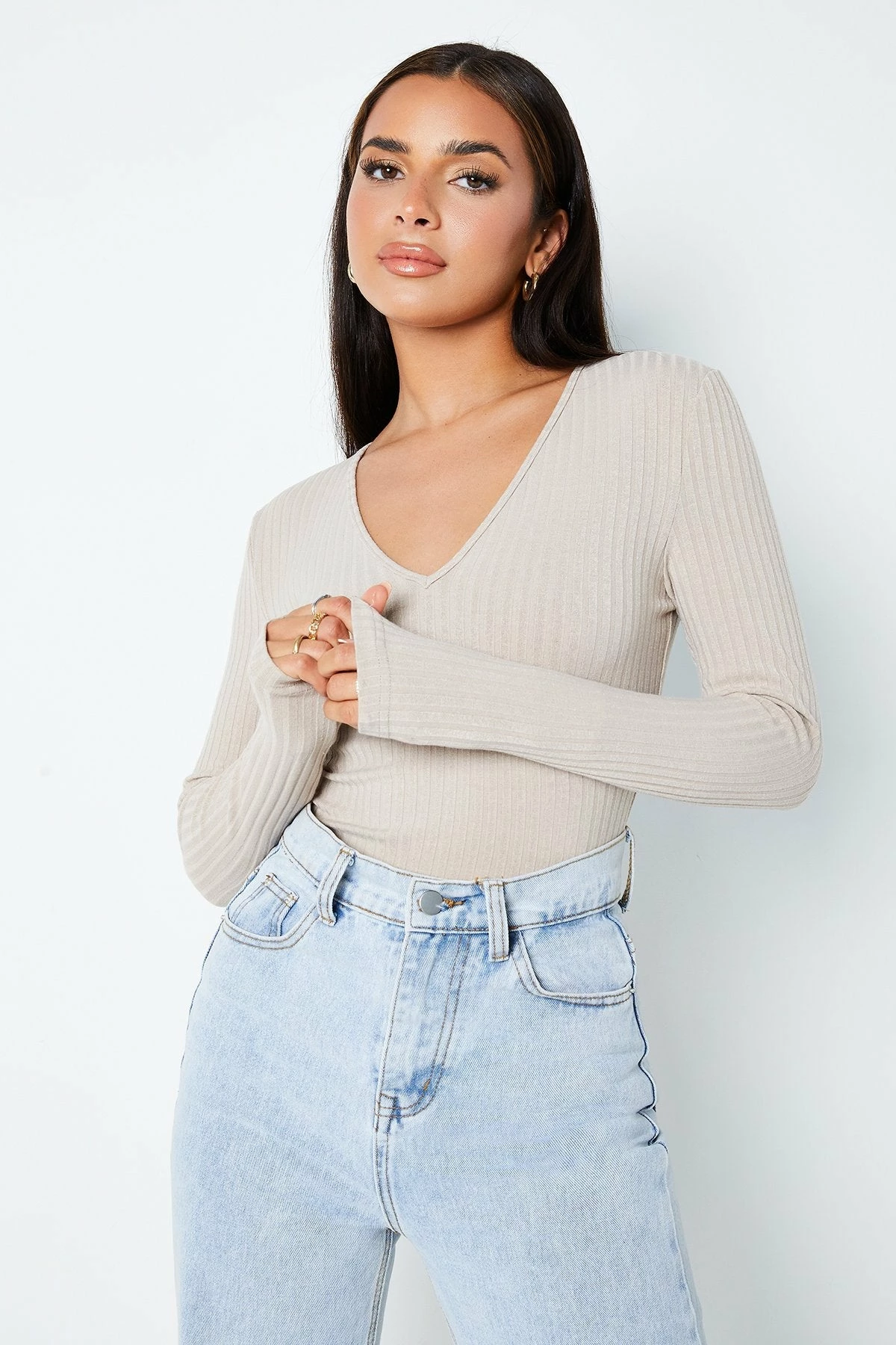 SOLADO Plunging Neck Stripe Knitted Long Sleeve Bodysuit 2 SOLADO Plunging Neck Stripe Knitted Long Sleeve Bodysuit - Image 2