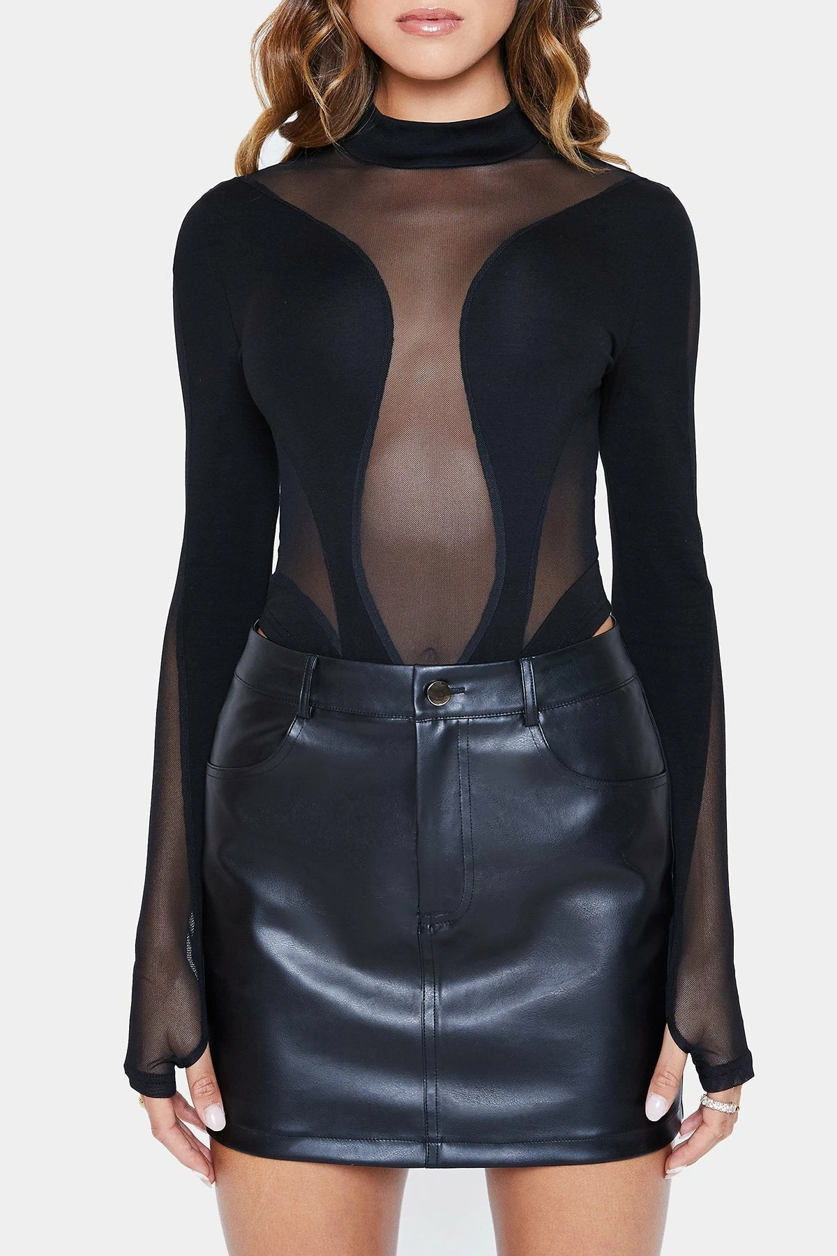 SOLADO Mock Neck Mesh Splicing Long Sleeve Bodysuit - Image 6