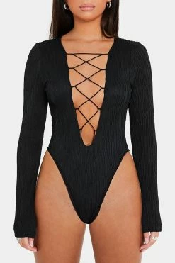 SOLADO Plunging Neck Lace Up Textured Bodysuit