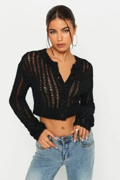 SOLADO Button Front Ripped Fluffy Cardigan