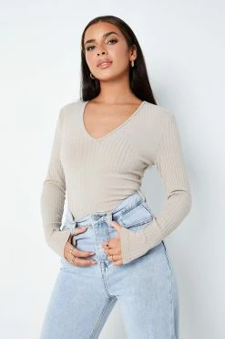 SOLADO Plunging Neck Stripe Knitted Long Sleeve Bodysuit