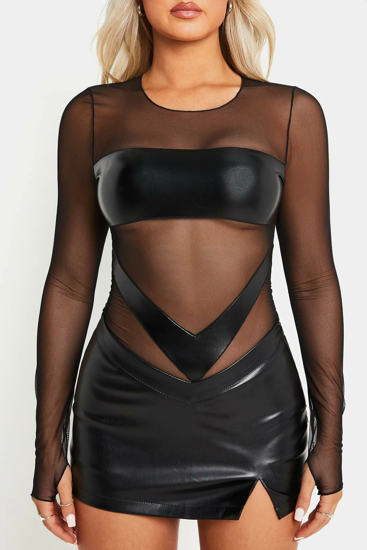 SOLADO Mesh PU Leather Splicing Long Sleeve Bodysuit - Image 6