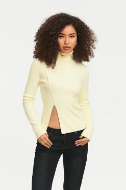 Solado High Neck Split Hem Ribbed Knit Long Sleeve Sweater