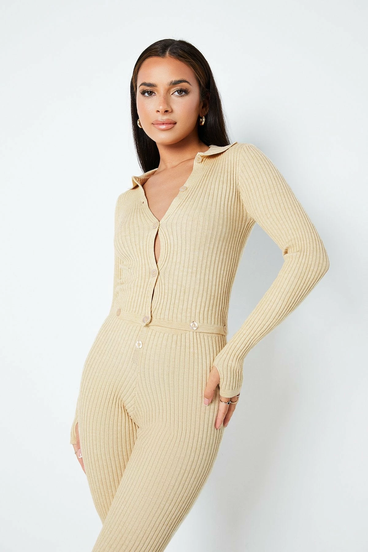Solado Button Front Thumb Hole Split Hem Knitted Jumpsuit - Image 5