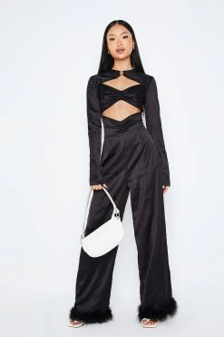 Alternative view of SOLADO Satin Cut Out Feather Hem Long Sleeve Jumpsuit