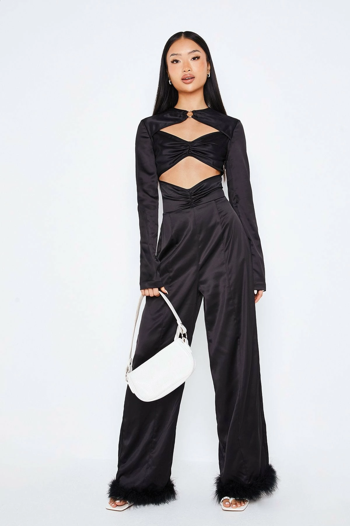 SOLADO Satin Cut Out Feather Hem Long Sleeve Jumpsuit 2 SOLADO Satin Cut Out Feather Hem Long Sleeve Jumpsuit - Image 2