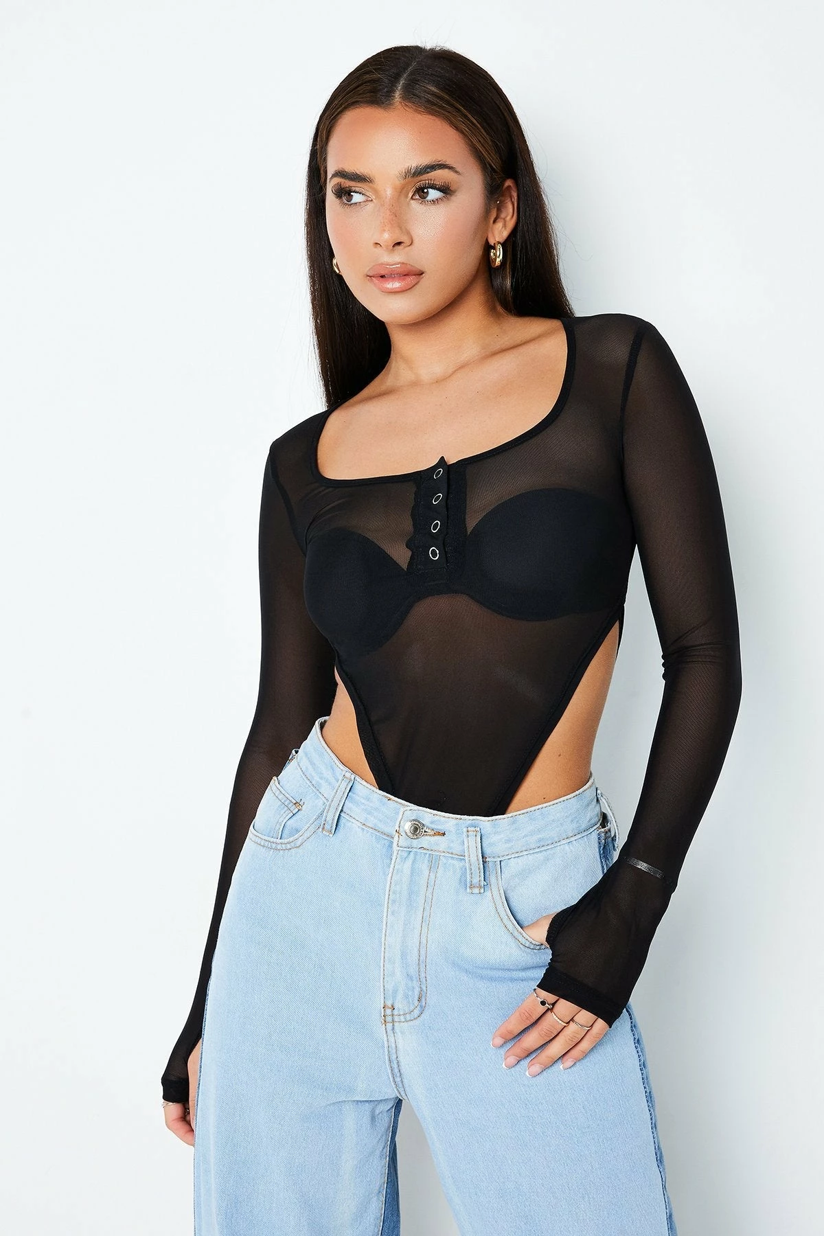 Solado Half Button Thumb Hole Long Sleeve Mesh Bodysuit Without Bra - Image 2