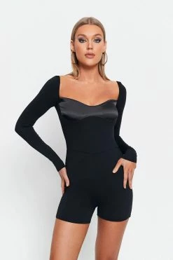 SOLADO Sweetheart Satin Splicing Long Sleeve Romper Playsuit