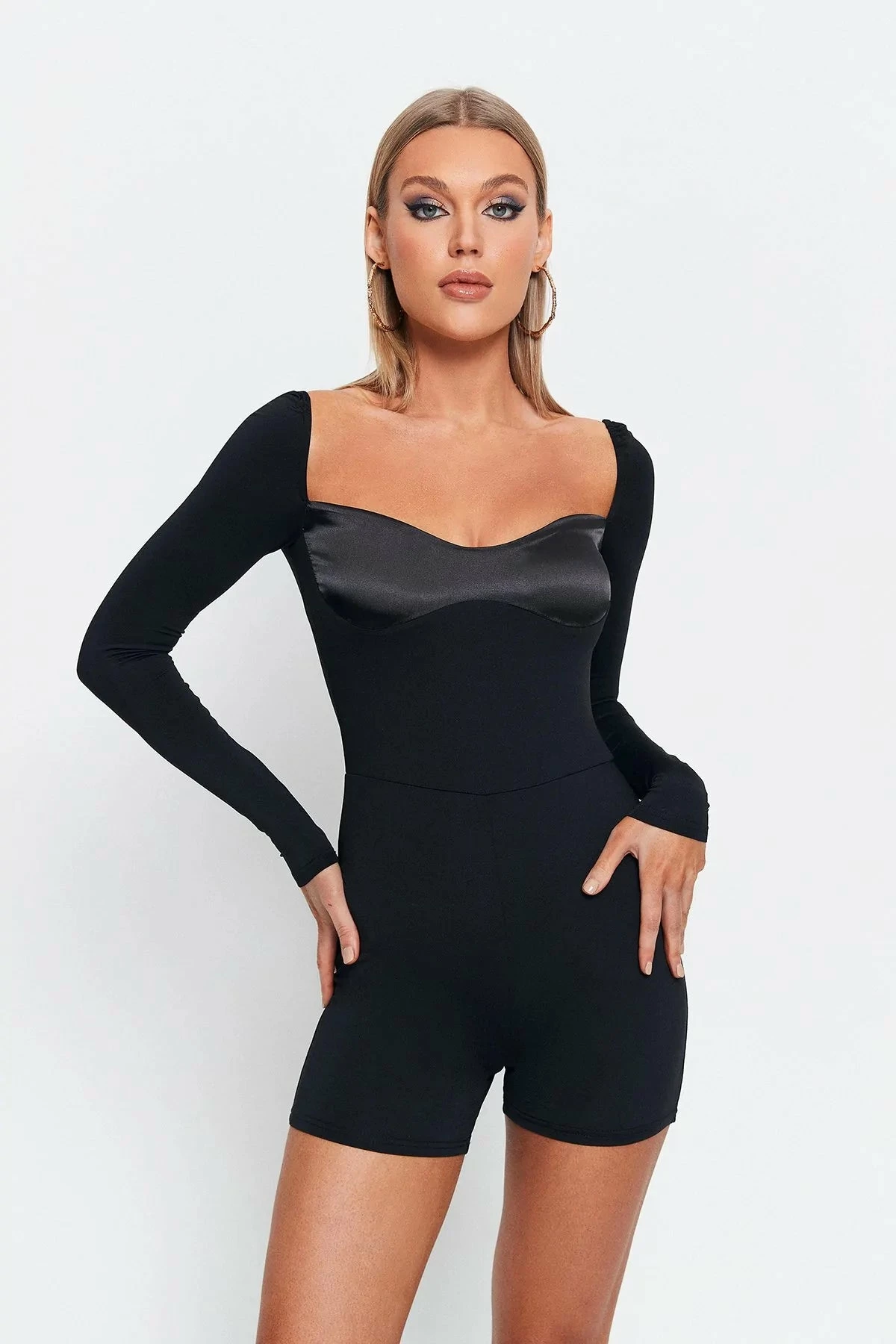 SOLADO Sweetheart Satin Splicing Long Sleeve Romper Playsuit 1 SOLADO Sweetheart Satin Splicing Long Sleeve Romper Playsuit