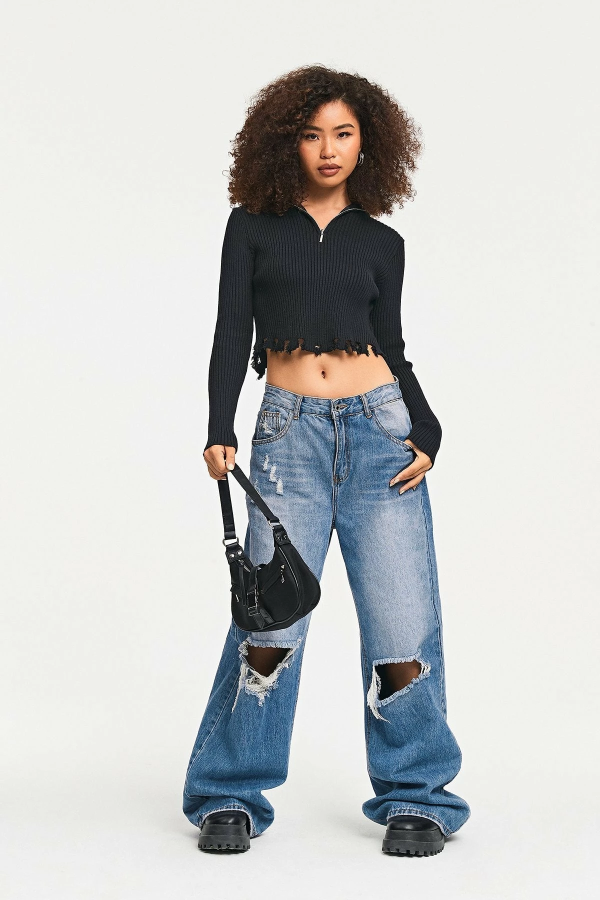 Solado Zipper Front Asymmetrical Hem Ribbed Knit Sweater - Image 9