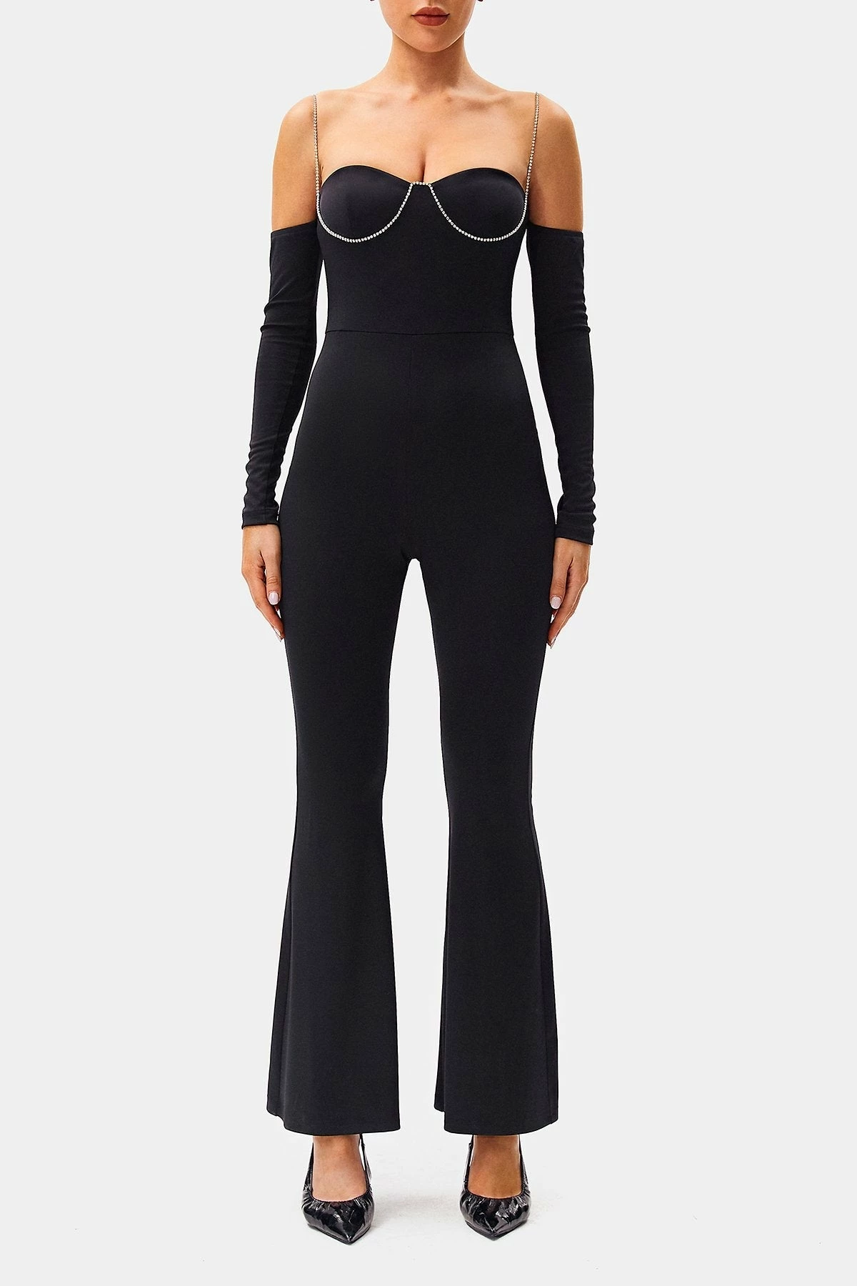 SOLADO Cold Shoulder Rhinestone Decor Flared Jumpsuit 6 SOLADO Cold Shoulder Rhinestone Decor Flared Jumpsuit - Image 6
