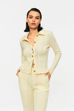 SOLADO Lapel Neck Button Front Cable Knit Cardigan