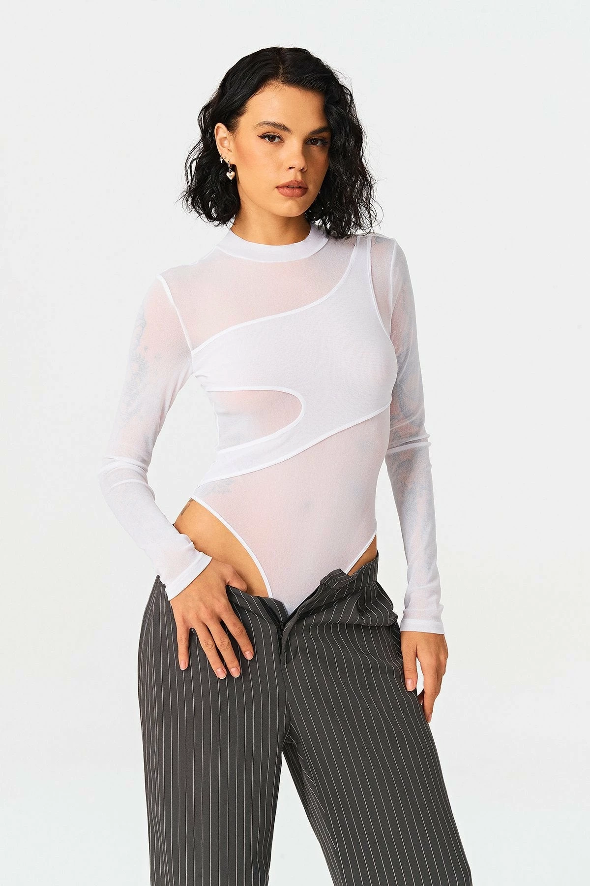 SOLADO Mock Neck Cut Out Mesh Long Sleeve Bodysuit