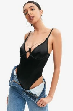 Solado Plunging Neck Rhinestone Decor Bodysuit