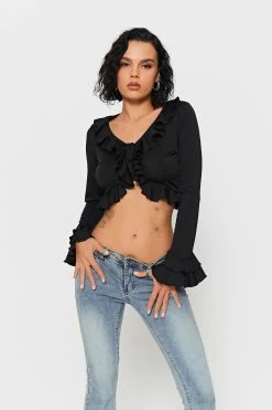 Solado Ruffle Trim Asymmetrical Hem Flare Sleeve Cardigan