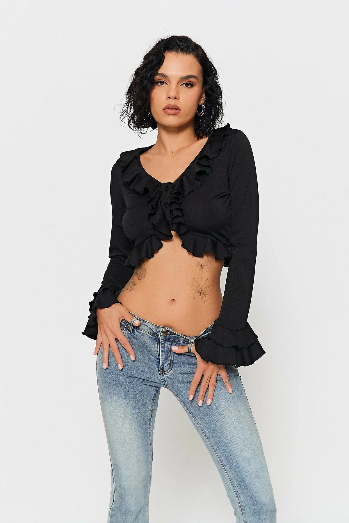 Solado Ruffle Trim Asymmetrical Hem Flare Sleeve Cardigan 1 Solado Ruffle Trim Asymmetrical Hem Flare Sleeve Cardigan