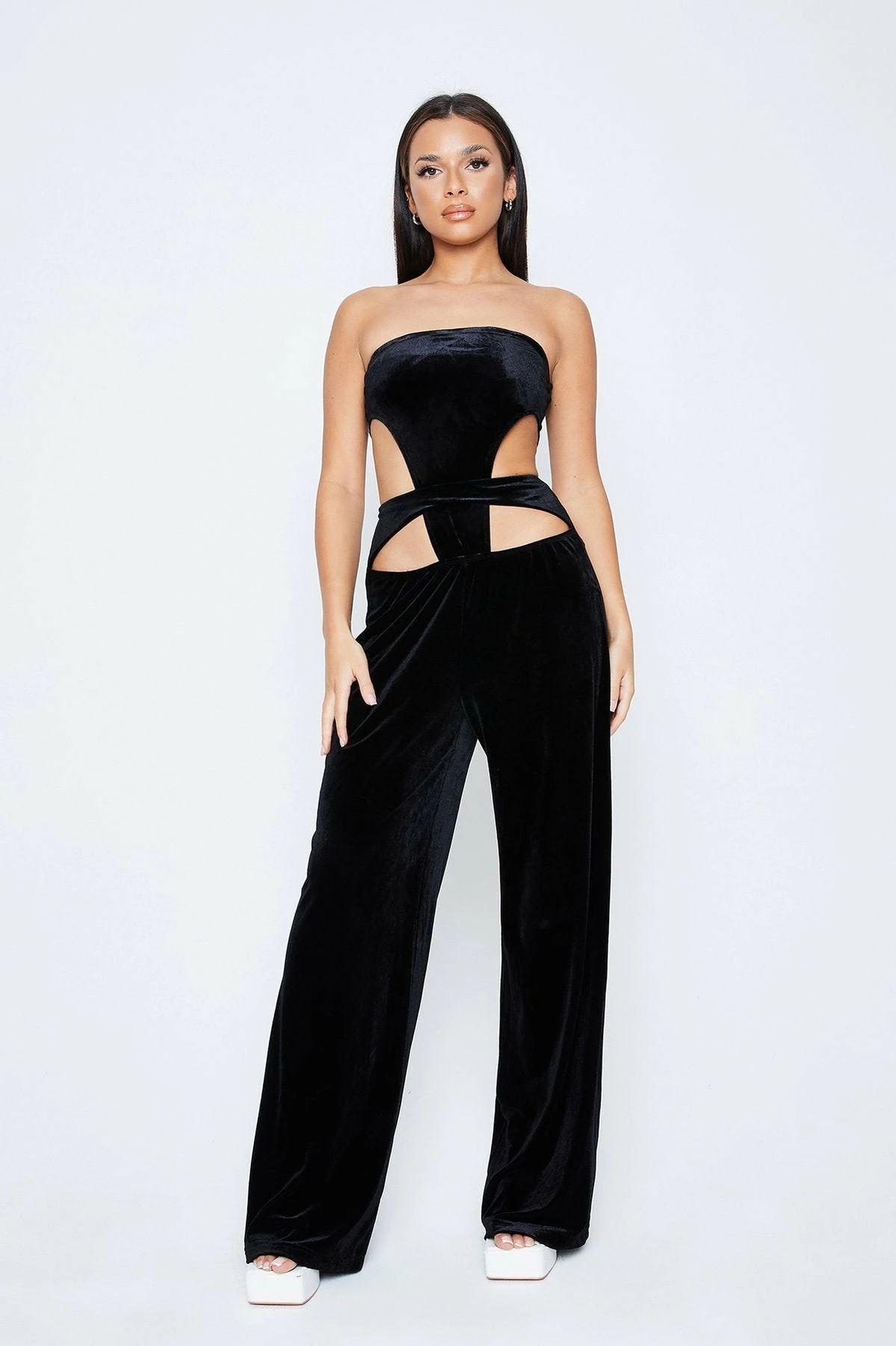 SOLADO Off Shoulder Cut Out Velvet Wide Leg Jumpsuit 2 SOLADO Off Shoulder Cut Out Velvet Wide Leg Jumpsuit - Image 2
