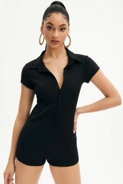 Solado Ribbed Lapel Neck Button Front Romper Playsuit