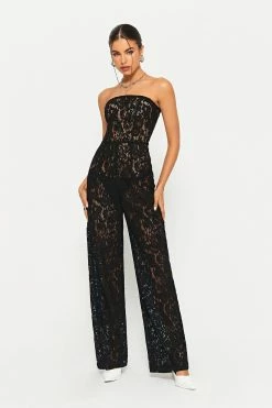 SOLADO Off Shoulder Floral Lace Jumpsuit Without Panty