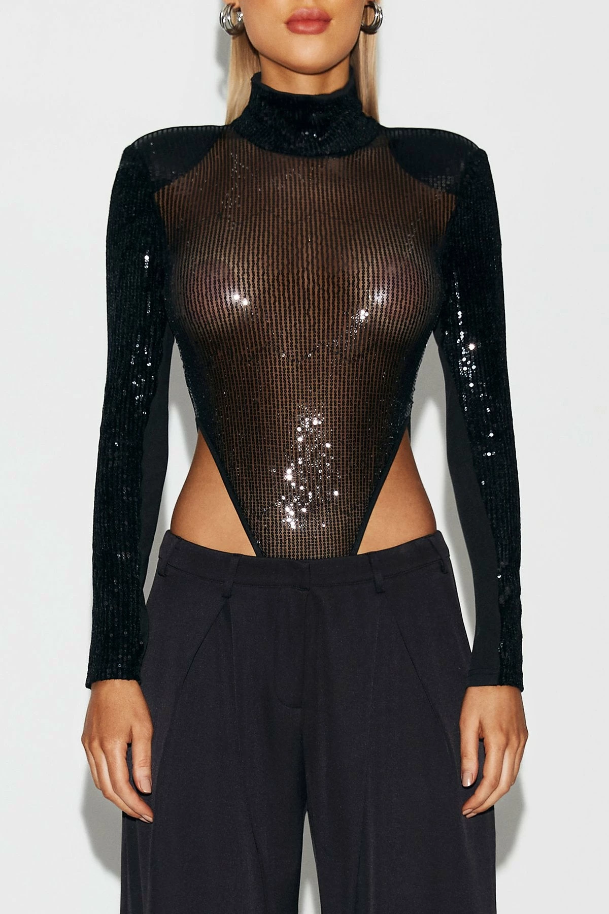 SOLADO High Neck Sequin Splicing Long Sleeve Bodysuit 6 SOLADO High Neck Sequin Splicing Long Sleeve Bodysuit - Image 6