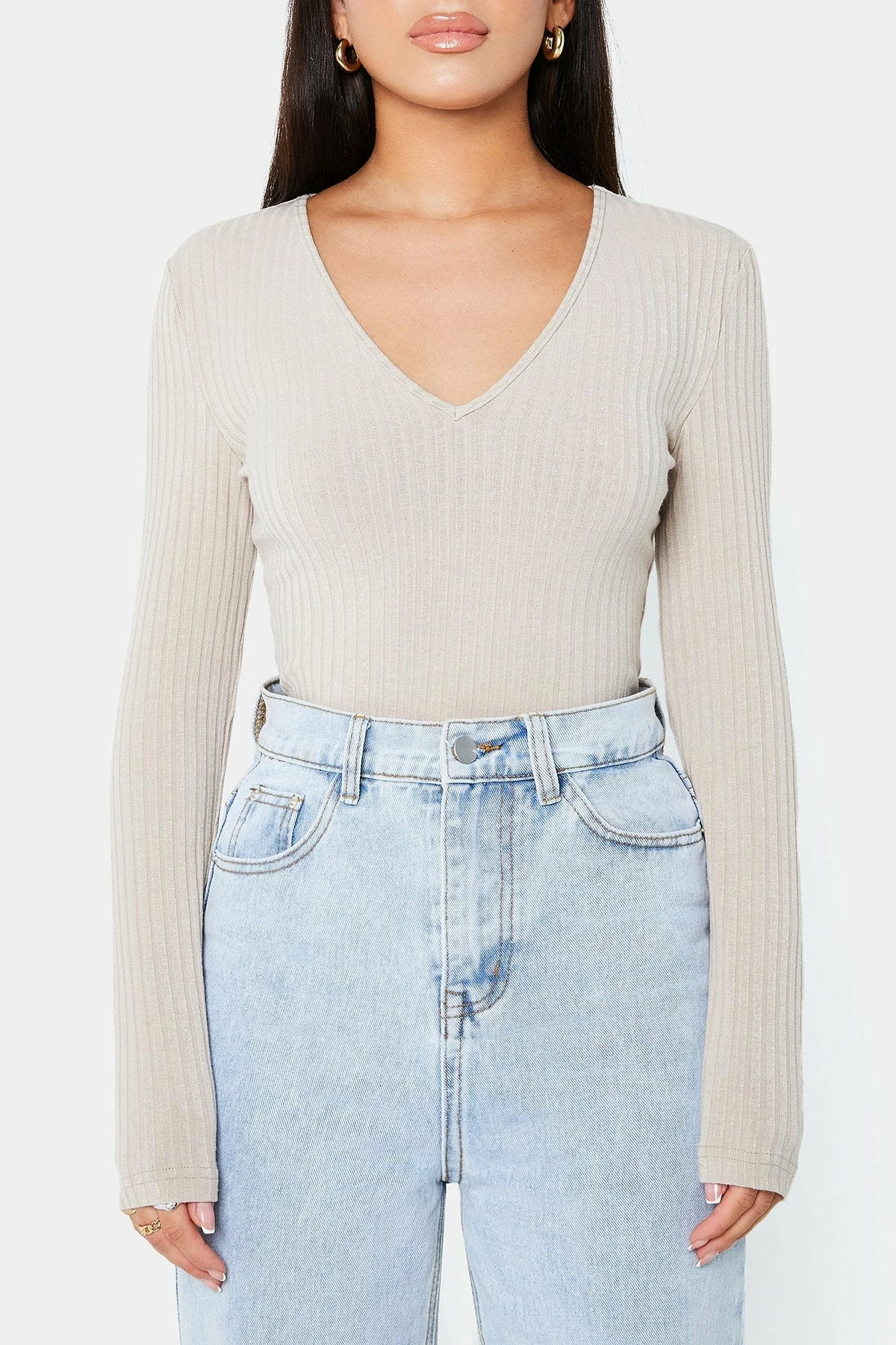 SOLADO Plunging Neck Stripe Knitted Long Sleeve Bodysuit 6 SOLADO Plunging Neck Stripe Knitted Long Sleeve Bodysuit - Image 6