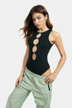 Solado Rhinestone Decor Cut Out Sleeveless Bodysuit