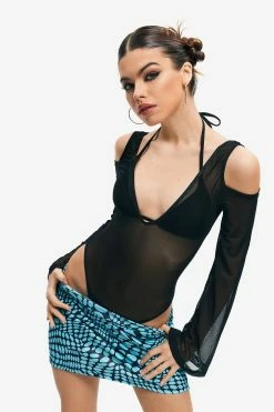 Solado Plunging Neck Cold Shoulder Mesh Long Sleeve Bodysuit