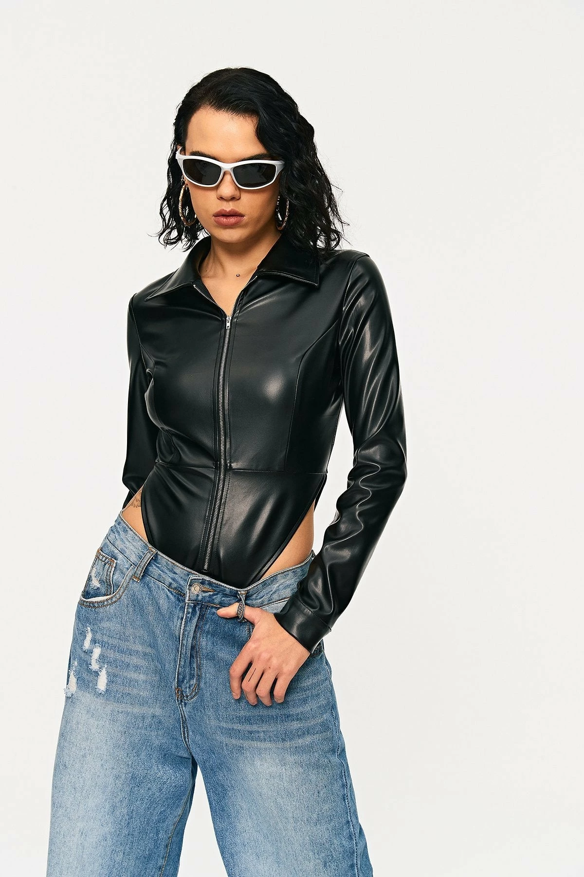 SOLADO Lapel Neck Zipper Front PU Leather Bodysuit - Image 3