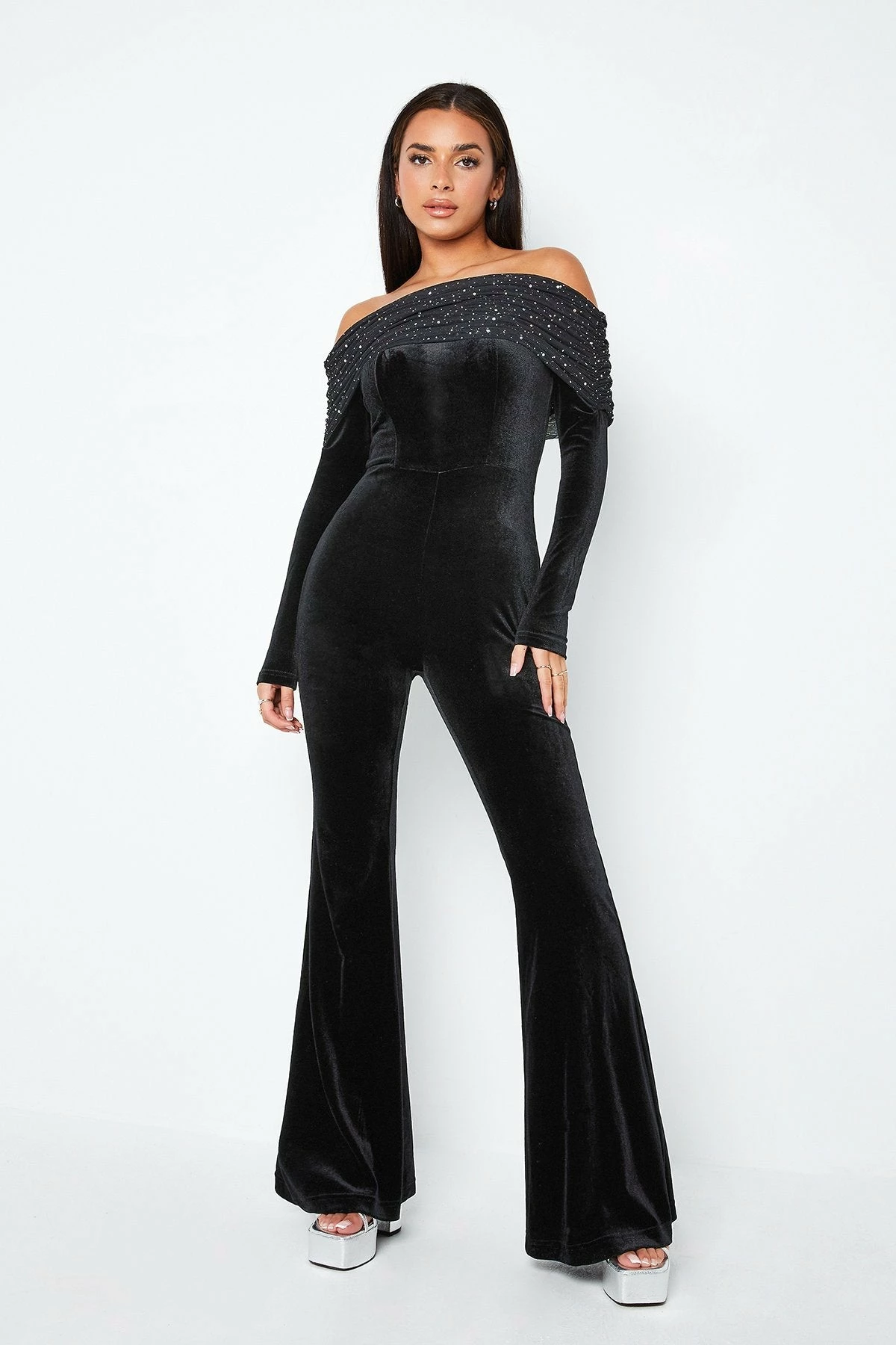 SOLADO Off Shoulder Rhinestone Decor Long Sleeve Jumpsuit 4 SOLADO Off Shoulder Rhinestone Decor Long Sleeve Jumpsuit - Image 4