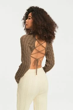 Solado Lace Up Open Back Cable Knit Long Sleeve Sweater